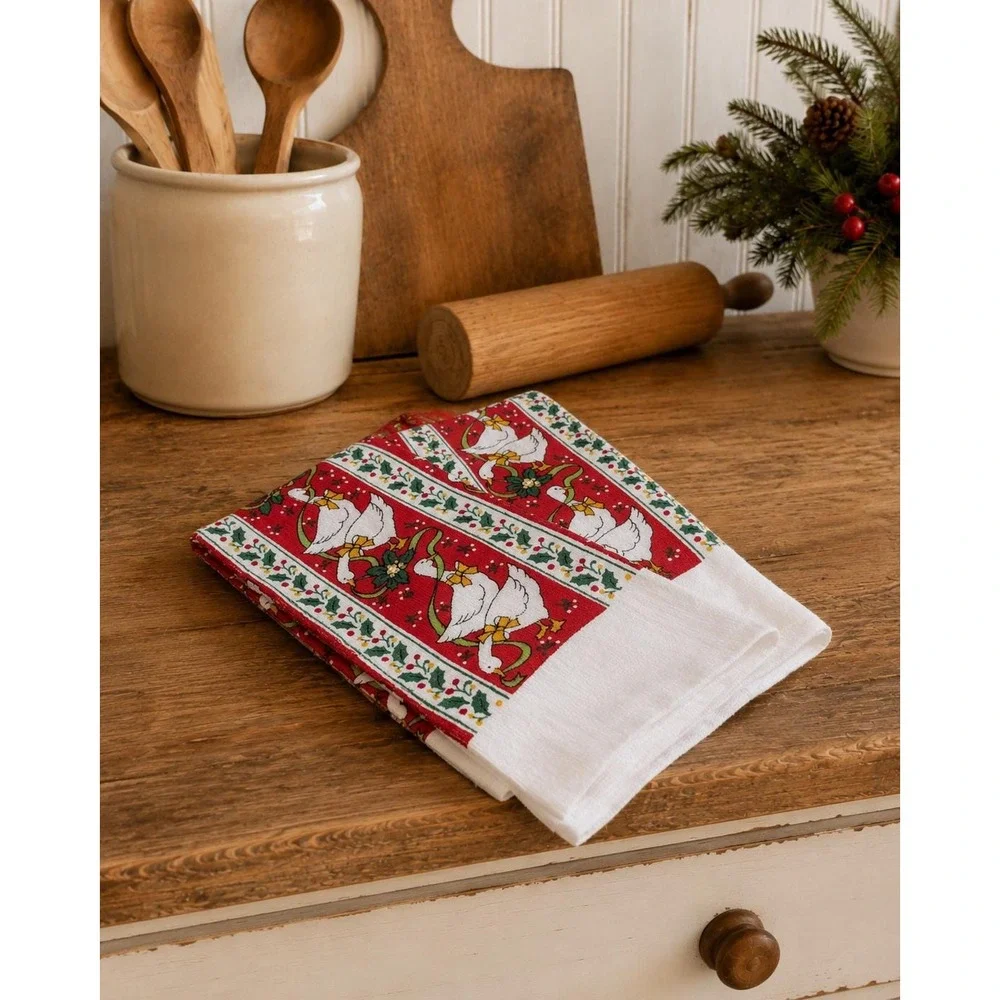 Vintage Kitchen Towel Red White Christmas Geese Holly Cotton Terry